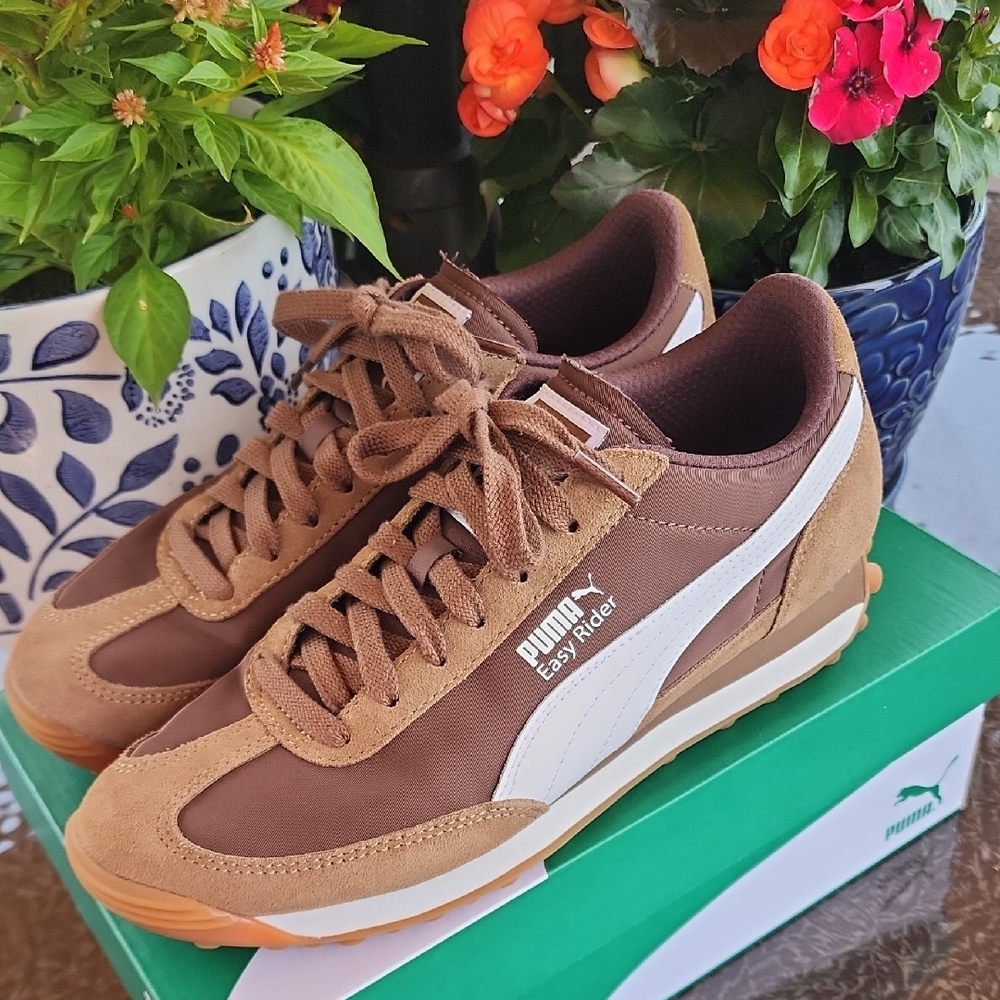 Puma Brown and White Sneakers with Suede Upper